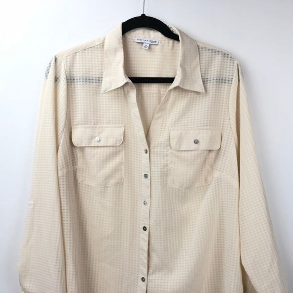 Notations 3X Plus Womens Beige Printed Sheer Button-up Blouse - Picture 2 of 6